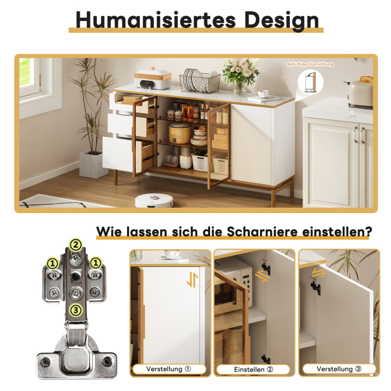 Elegantes Sideboard 150Lx40Bx80H cm, weiß, Arbeitsplatte aus Marmor, goldene Zierleiste - Moderner Stauraumschrank mit Glas- und Holzfächern