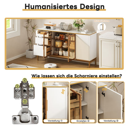 Elegantes Sideboard 150Lx40Bx80H cm, weiß, Arbeitsplatte aus Marmor, goldene Zierleiste - Moderner Stauraumschrank mit Glas- und Holzfächern