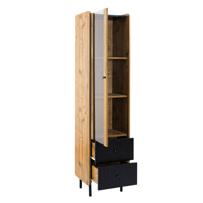 Sideboard, Hochschrank in schwarzer Holzmaserung – 180 x 44 x 40 cm mit Glastür, gelbem LED-Licht, 2 Schubladen