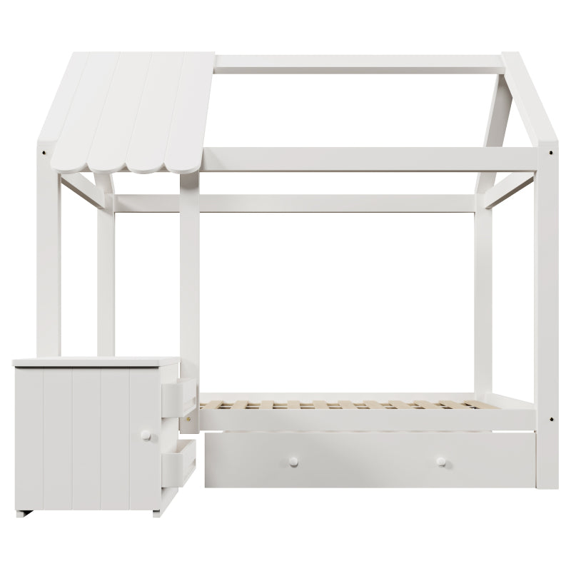 Hausbett Kinderbett 90x200 cm aus Massivholz mit Schubladen & abnehmbarem Nachttisch - Bodenbett in Weiß, ohne Matratze
