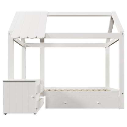 Hausbett Kinderbett 90x200 cm aus Massivholz mit Schubladen & abnehmbarem Nachttisch - Bodenbett in Weiß, ohne Matratze