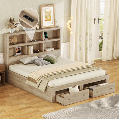 160*200 cm Doppelbett, Kingsize-Plattformbett mit zwei Schubladen am Fußende des Bettes, Kopfteil mit Stauraum, Natur