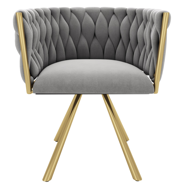 Samt-Esszimmerstuhl, einzelner heller Luxus-Wohnzimmer-Schlafzimmer-Drehstuhl, Freizeit-Drehstuhl mit vier Stützbeinen aus Metall,Grau und Gold