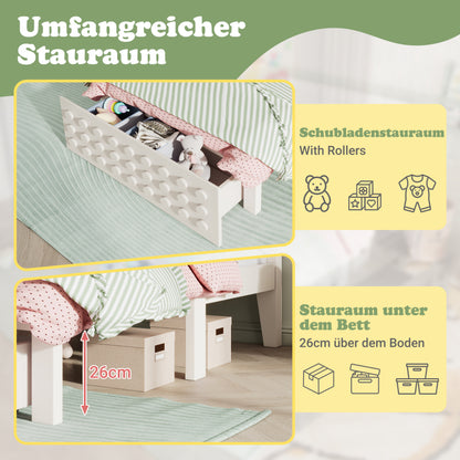 Holzbett Einzelbett 90x200 cm, Kinderbett Jugendbett mit Kreativem Block Design, Massivholz Bettgestell mit Lattenrost, mit Schubladen & Unterm Bett Stauraum, Weiß, Ohne Matratze
