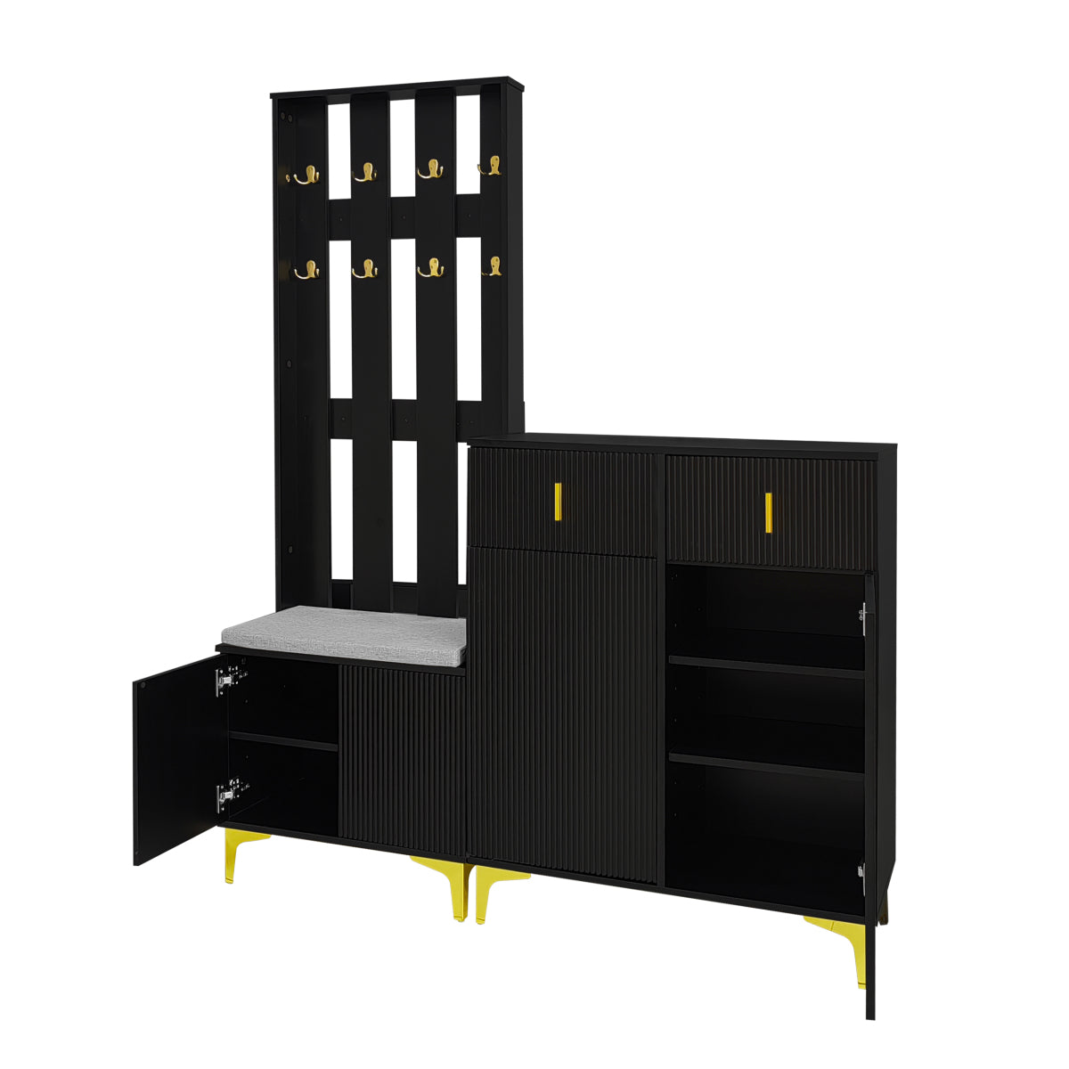 Garderoben-Set mit Schuhschrank & Sitzbank, Wellenfront, Push-to-Open, goldene Haken & Füße, Schwarz