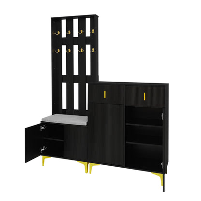 Garderoben-Set mit Schuhschrank & Sitzbank, Wellenfront, Push-to-Open, goldene Haken & Füße, Schwarz