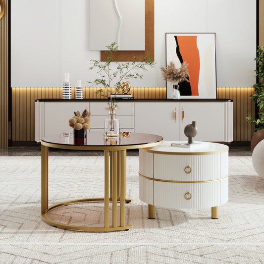 2-in-1 runder Couchtisch aus MDF, Beistelltisch mit 1 weißen Platte und 1 braunen Platte aus gehärtetem Glas, Couchtischkombination mit 2 Schubladen für das Wohnzimmer, 70*70*45 + 50*50*40 cm