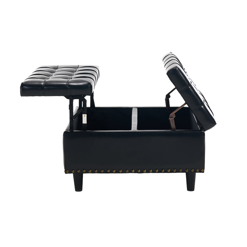 Großer quadratischer Aufbewahrungsstuhl, anhebbare Bank mit Stauraum, geeignet für Wohnzimmer Schlafzimmer Arbeitszimmer gepolsterte Aufbewahrungsbox(Black PU)