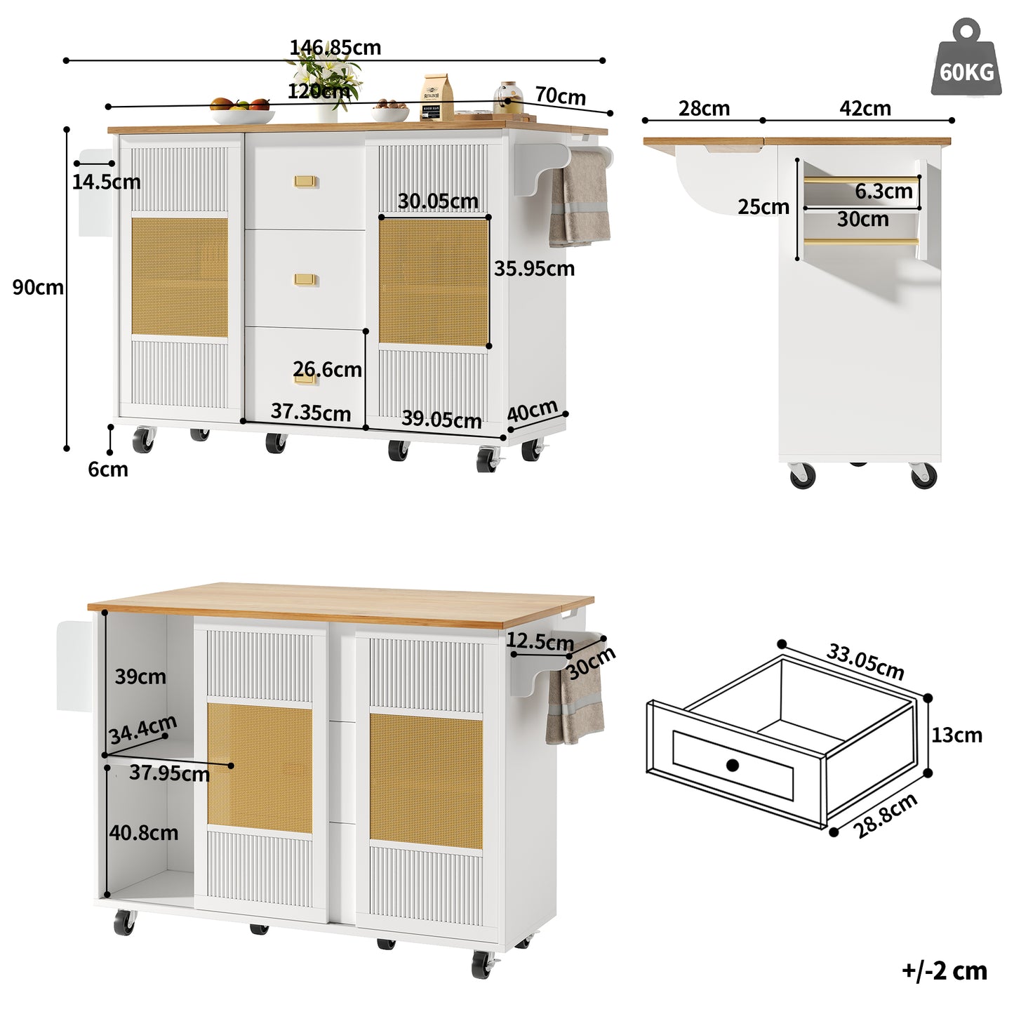 Kücheninsel Küchenwagen auf Rollen mit ausziehbarer Arbeitsplatte Küchenschrank weiß 120x73x90cm Buffetschrank Gewürzregal Handtuchhalter verstellbar