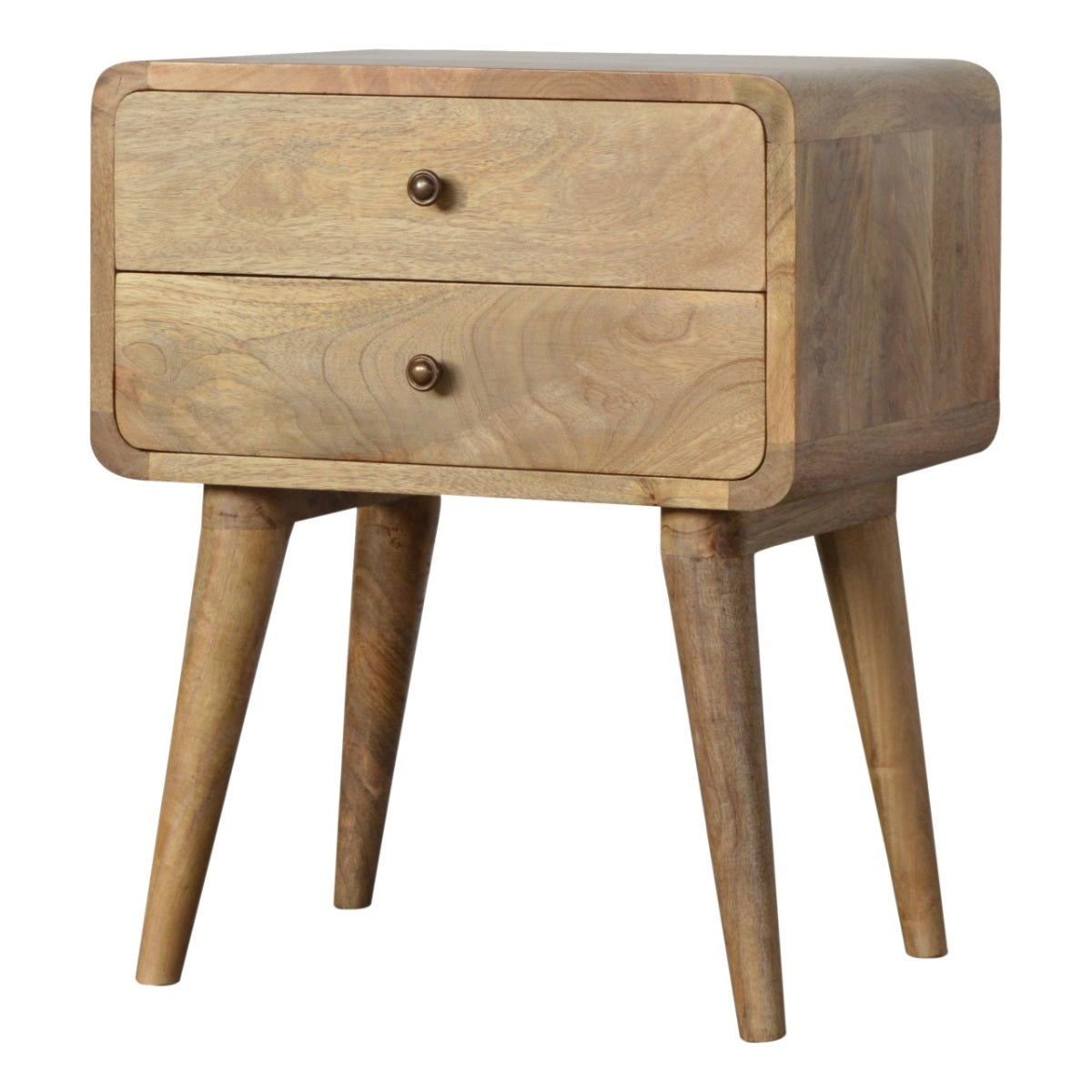 Nachttisch aus massivem Mangoholz – Oak-ish Finish, Curved Design, 2 Schubladen, Handgefertigt, Skandinavischer Stil, 45x35x55 cm