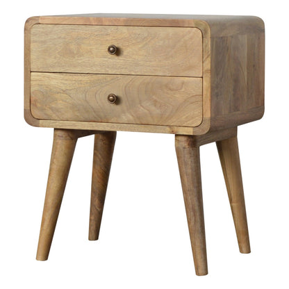 Nachttisch aus massivem Mangoholz – Oak-ish Finish, Curved Design, 2 Schubladen, Handgefertigt, Skandinavischer Stil, 45x35x55 cm