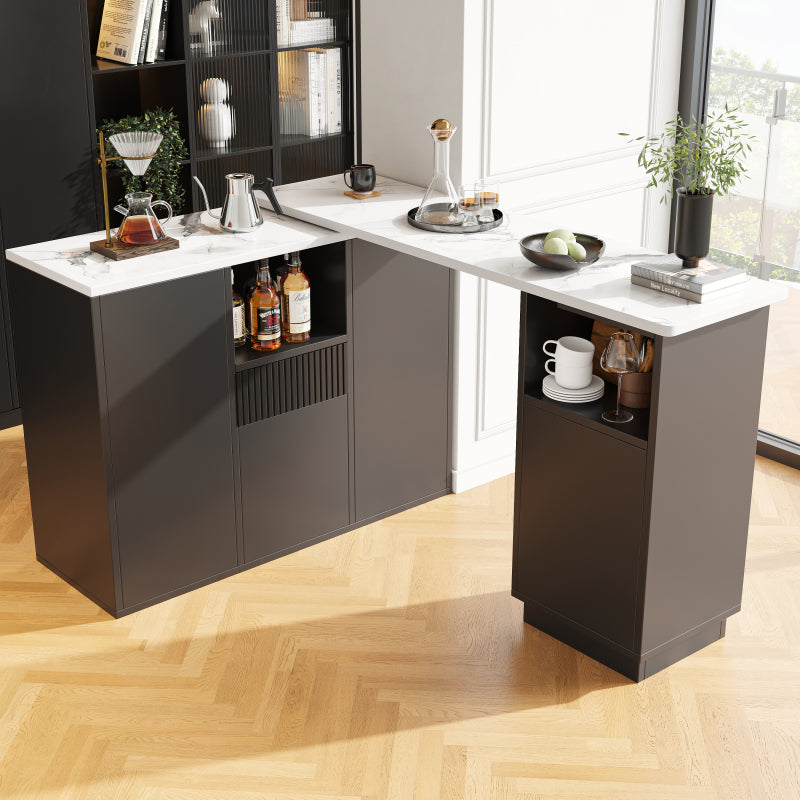 Um 360° drehbarer Bartisch (Hauptkörper 198,5 x 30 x 75 cm), modernes und schlichtes schwarzes Design, mit offenem Stauraum und Marmor-Arbeitsplatte, multifunktionale Aufbewahrungsinsel, geeignet für