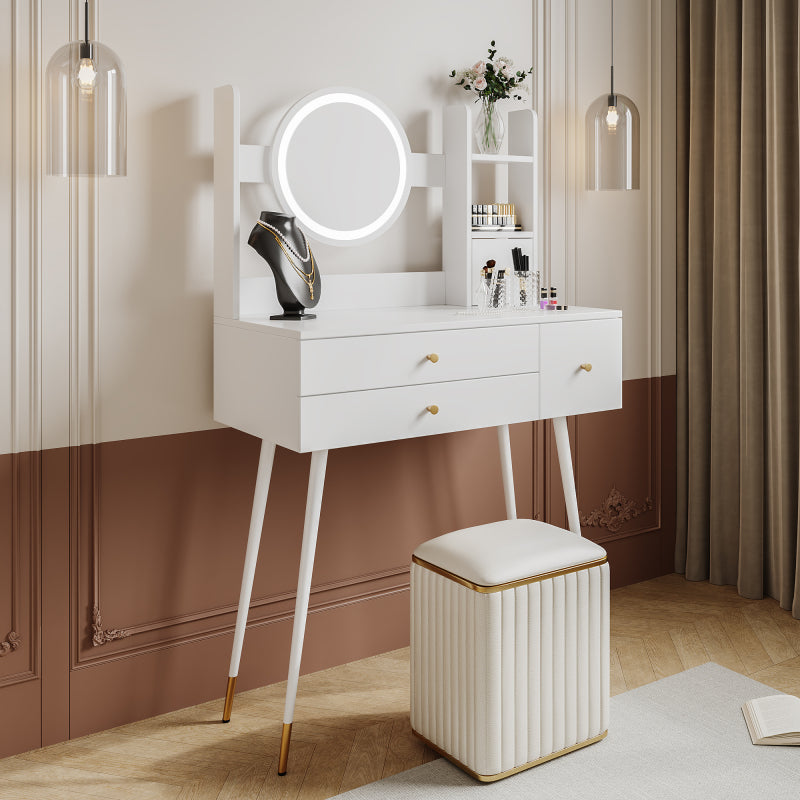 Schminktisch(Ohne Stühle), mit Spiegel einstellbare Helligkeit, mit 3 Schubladen, luxuriöses vergoldetes Zubehör, High-End Schminktisch mit mehreren Stauräumen, Weiß