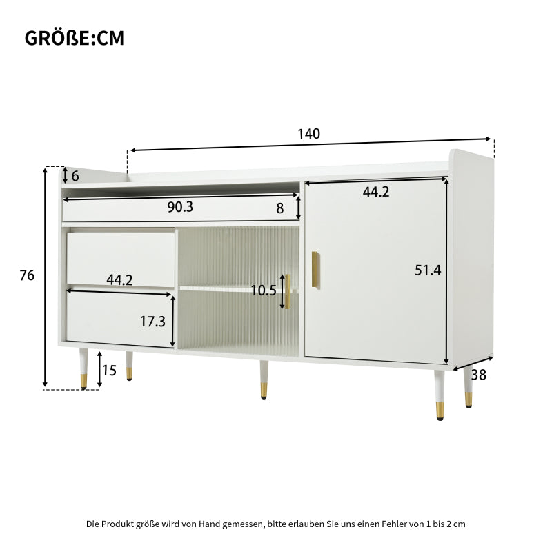 Sideboard mit Glasschiebetüren und LED-Beleuchtung – Freistehende Kommode aus Holz, Weiß