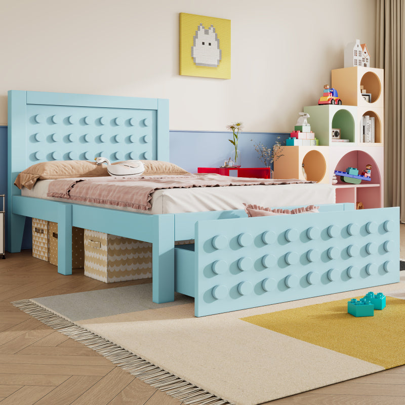 Holzbett Einzelbett 90x200 cm, Kinderbett Jugendbett mit Kreativem Block Design, Massivholz Bettgestell mit Lattenrost, mit Schubladen & Unterm Bett Stauraum, Ohne Matratze