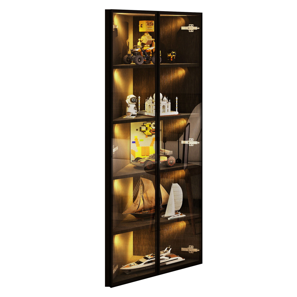 Eckvitrine 62x35x160cm Schwarz mit LED – Staubgeschützte Glasvitrine aus Sicherheitsglas & MDF, moderner Eckschrank mit Soft-Close-Türen