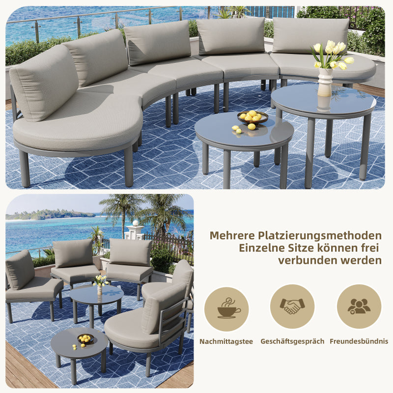 Gartenmöbel-Set (5-Sitzer), 2 Couchtische aus gehärtetem Glas, verzinkter Eisenrahmen, bequeme Gartenmöbel mit grauen Sitzpolstern und Kissen, mit verstellbaren Beinen, elegantes abgerundetes Sofa