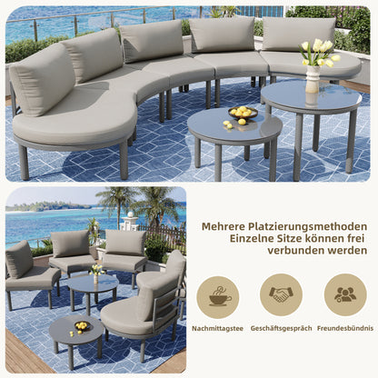 Gartenmöbel-Set (5-Sitzer), 2 Couchtische aus gehärtetem Glas, verzinkter Eisenrahmen, bequeme Gartenmöbel mit grauen Sitzpolstern und Kissen, mit verstellbaren Beinen, elegantes abgerundetes Sofa