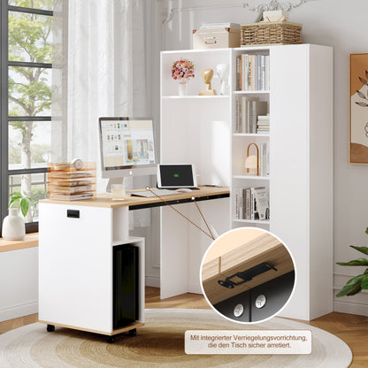 Klappbarer Schreibtisch mit Ablagen –2-in-1-Bücherregal und Schreibtisch, klappbar, mit Steckdose und USB-Anschluss, Kippschutz, weiß