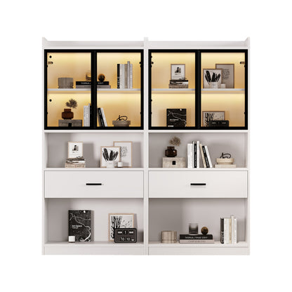 Curio Vitrine mit Licht, 16 Farben Licht, Sammlerstücke Schrank Display Regal, Bücherregal Vitrine für Wohnzimmer, weiß, schwarzer Fenste