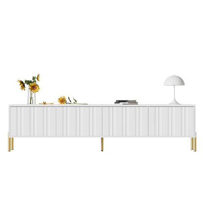 Weißes TV-Schrank, 190 cm lang x 38 cm breit x 48 cm hoch, goldene Tischbeine, gerilltes Türdesign