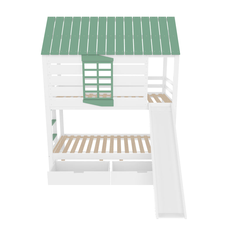 90X200 Haus-Etagenbett mit Rutsche und 2 Schubladen, Weiß+Grün