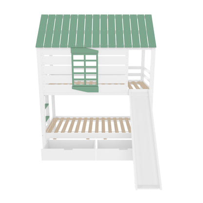 90X200 Haus-Etagenbett mit Rutsche und 2 Schubladen, Weiß+Grün