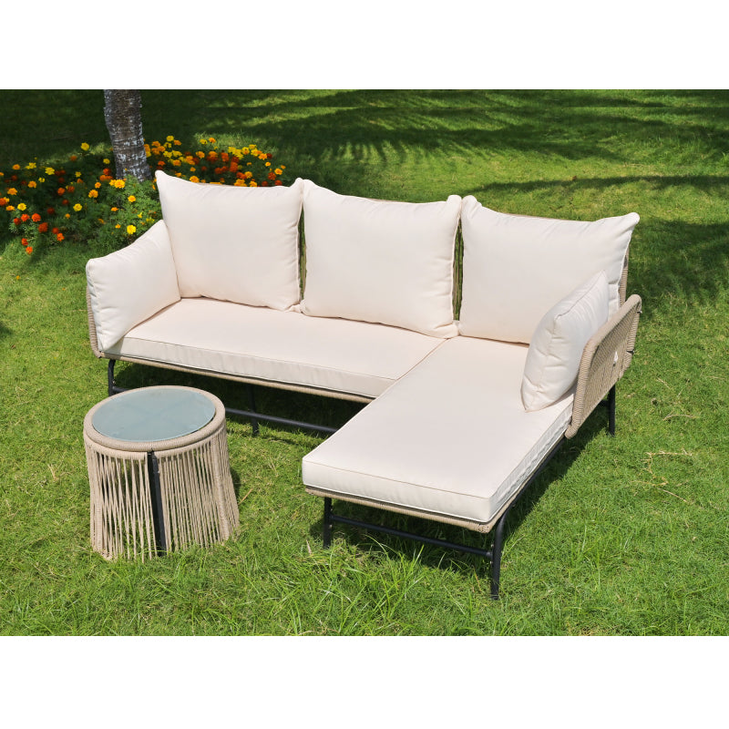 Gartenlounge-Set, Gartenmöbel-Set, Gartenlounge mit Eisengestell und beigem Seilbezug, Gartenmöbel aus gewebtem Seil für den Außenbereich, L-förmiges Gesprächsset mit Tisch, Beige