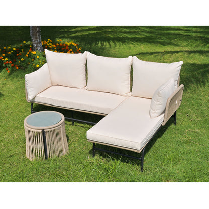 Gartenlounge-Set, Gartenmöbel-Set, Gartenlounge mit Eisengestell und beigem Seilbezug, Gartenmöbel aus gewebtem Seil für den Außenbereich, L-förmiges Gesprächsset mit Tisch, Beige