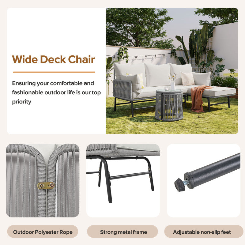 Gartenlounge-Set, Gartenmöbel-Set, Mit Eisenrahmen und grauem Seil, Gartenmöbel aus gewebtem Seil für den Außenbereich, Grau, Zwei Sessel, zwei 2-Sitzer-Sofas und zwei Tische (alle Kissen inklusive)