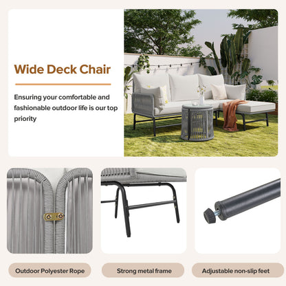 Gartenlounge-Set, Gartenmöbel-Set, Mit Eisenrahmen und grauem Seil, Gartenmöbel aus gewebtem Seil für den Außenbereich, Grau, Zwei Sessel, zwei 2-Sitzer-Sofas und zwei Tische (alle Kissen inklusive)