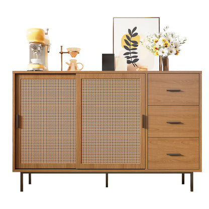 Sideboard 140 cm Natur, Kommode mit Rattan-Schiebetüren