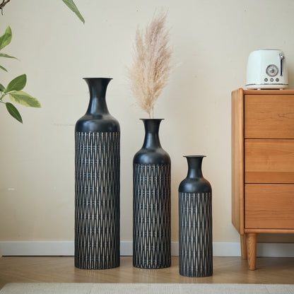 3er Set Bodenvase Metall, Schwarz, Rillen-Design, Hohe Übertöpfe 83/66/50 cm
