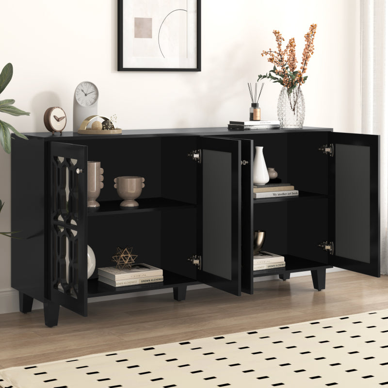 Schwarz verspiegelte Anrichte mit kühlen Kristallgriffen, Vier Türen, mit beweglichem Laminat.für Wohn- und Esszimmer, 160 x 40 x 84cm
