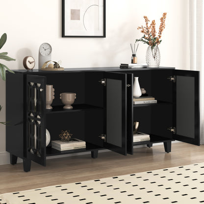 Schwarz verspiegelte Anrichte mit kühlen Kristallgriffen, Vier Türen, mit beweglichem Laminat.für Wohn- und Esszimmer, 160 x 40 x 84cm