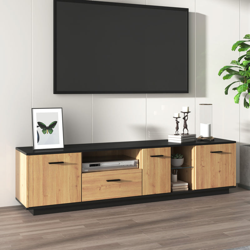 TV-Schrank mit einer Schublade, drei Türen, zwei offene Fächer mit Glas TV-Möbel, TV-Board, TV-Lowboard Feinstruktur. Schwarze und natürliche Holzfarben. 15 variable LED-Leuchten.