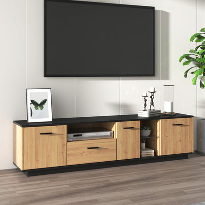 TV-Schrank mit einer Schublade, drei Türen, zwei offene Fächer mit Glas TV-Möbel, TV-Board, TV-Lowboard Feinstruktur. Schwarze und natürliche Holzfarben. 15 variable LED-Leuchten.