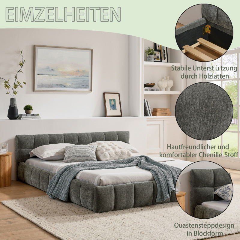 Doppelbett 160x200 cm mit Chenille Bezug Eukalyptusholz Eisenrahmen Dark Gray (ohne Matratze)