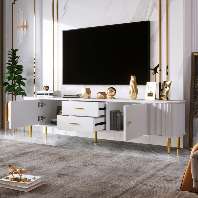 TV-Schrank mit Schubladen, geschwungenen Ecken, Wohnzimmer-TV-Schrank mit gewellten Seiten, goldenen Griffen und Beinen