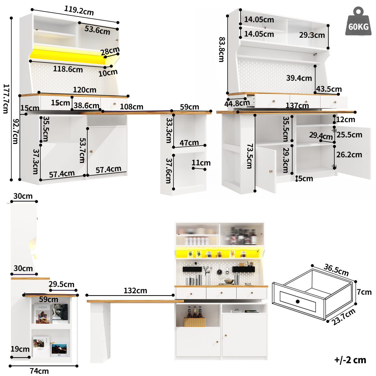 Küchenschrank 137x45x178cm hohes Küchenbuffet mit LED-App-Steuerung, Ausziehbarer Tischplatte & Stecktafel, Mehrzweckschrank MDF Weiß/Holz