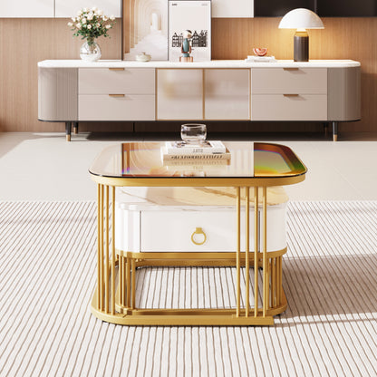 Stapelbarer Couchtisch: hochglänzende Marmoroptik und Teebraun Glasplatte, goldene Akzente, Beistelltisch mit Schubladen.  zweiteiliges Set