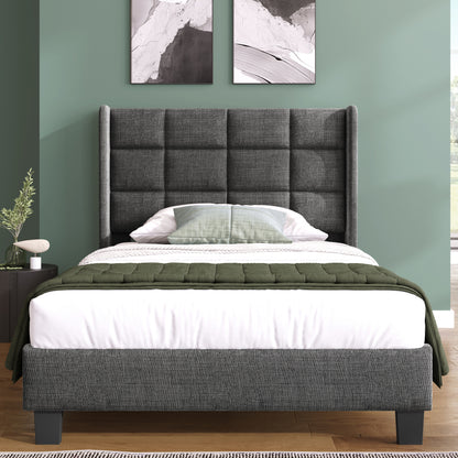 Polsterbett Mit seinem gepolstertes Kopfteil Einzelbett mit Lattenrost, 90x200cm ,in Grau Leinen,  mittelfest (Mit Federkernmatratze)
