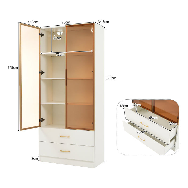 Badezimmerschrank, mittel, mit Lichtleiste, 75 cm breit, mit 2 großen Schubladen und 2 Türen, Glastür
