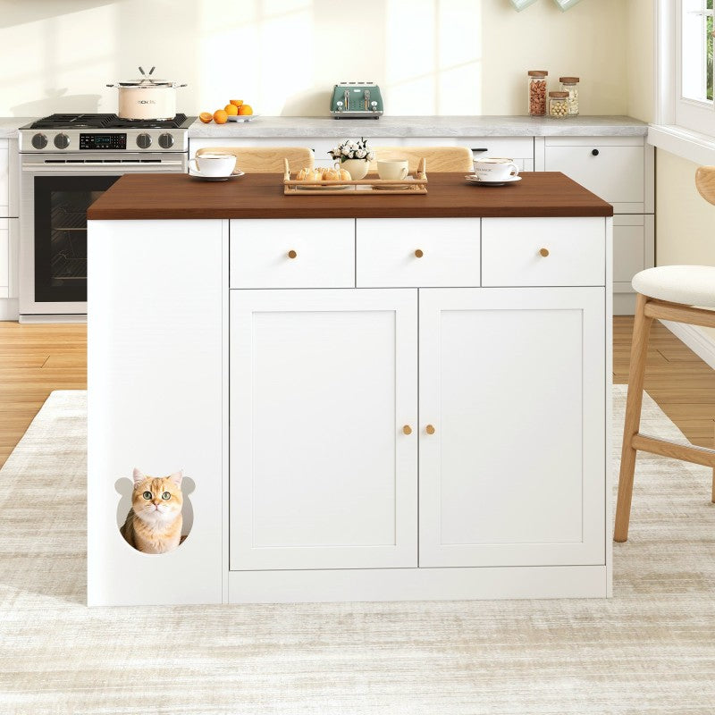 Kücheninsel, Küchenwagen & Sideboard mit Schubladen, Gewürzregal, Haustierfressbereich (ohne Katzensteller), Weiß + Nussbaumfarbe