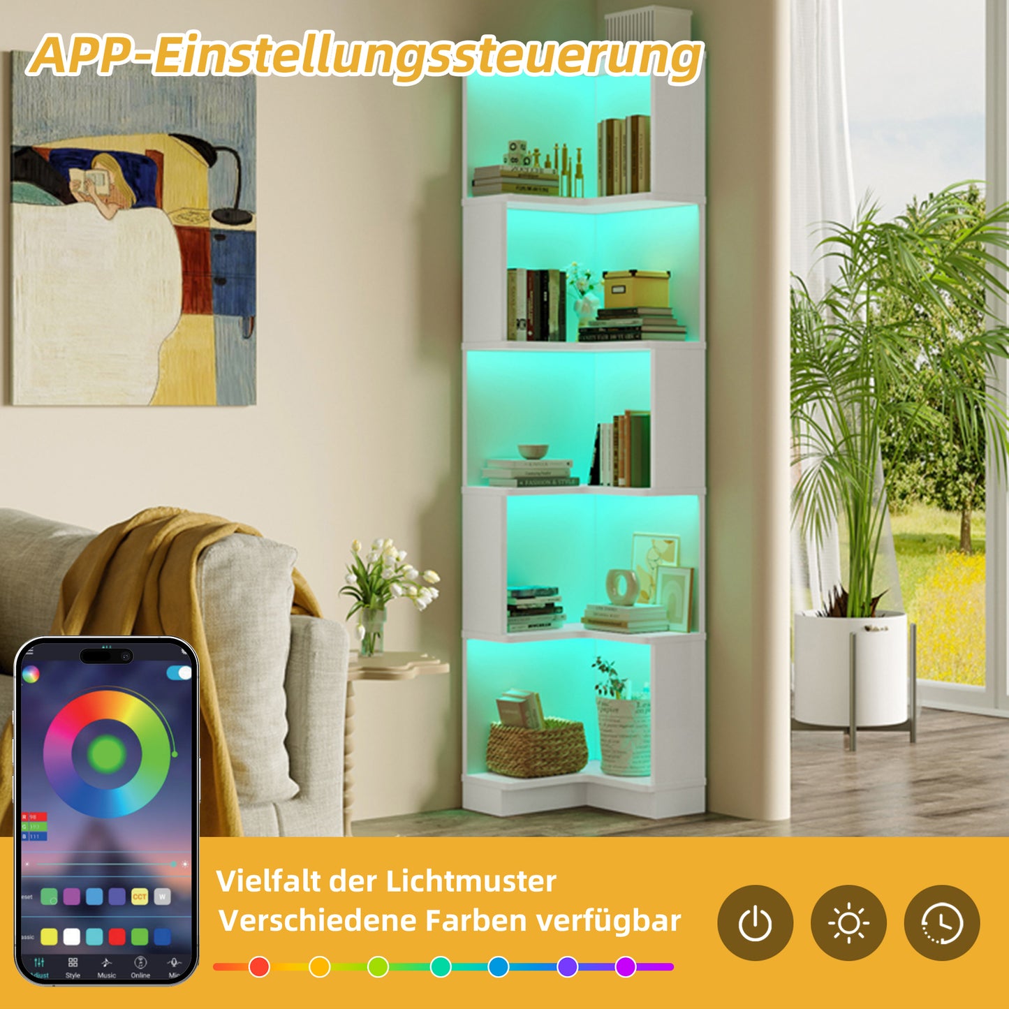 Eck Bücherregal,  L-förmiges Bücherregal, LED-Farbwechsel-Lichtleiste, Fernbedienung/App-Steuerung, weiß