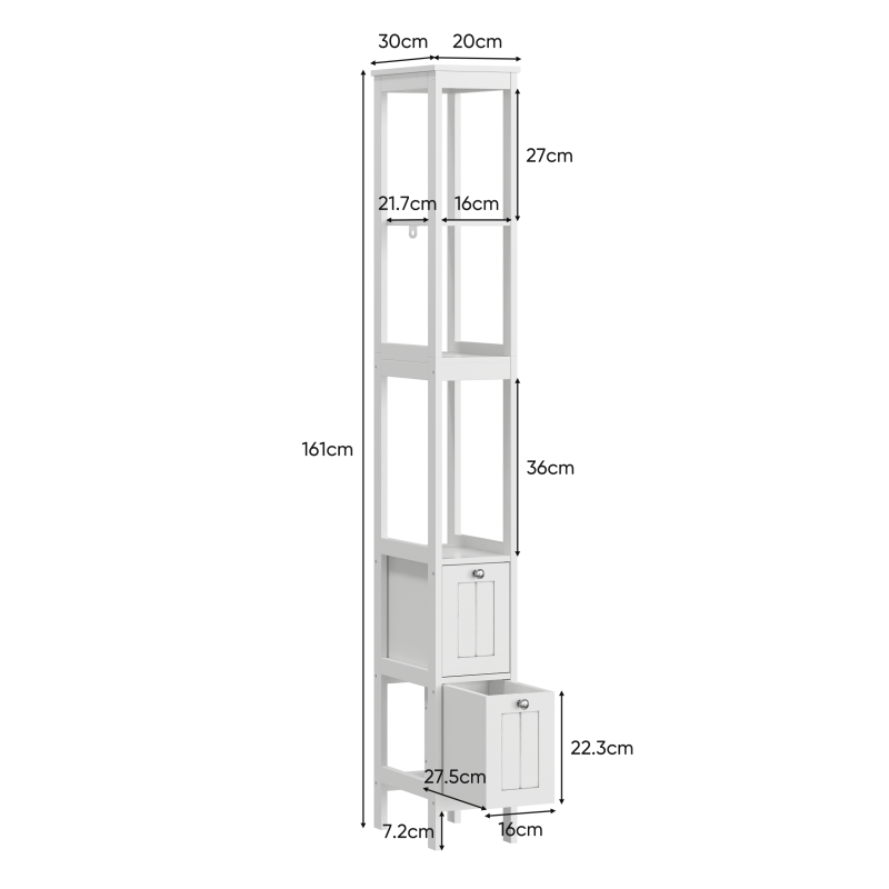 Schmaler Hochschrank, Badezimmerschrank mit 2 Schubladen und 3 Einlegeböden, 20Lx30Bx160Hcm, Weiß