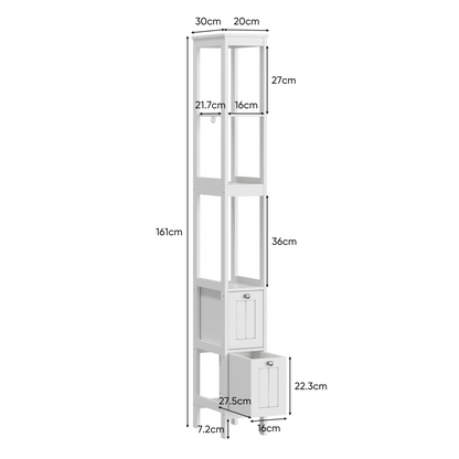Schmaler Hochschrank, Badezimmerschrank mit 2 Schubladen und 3 Einlegeböden, 20Lx30Bx160Hcm, Weiß
