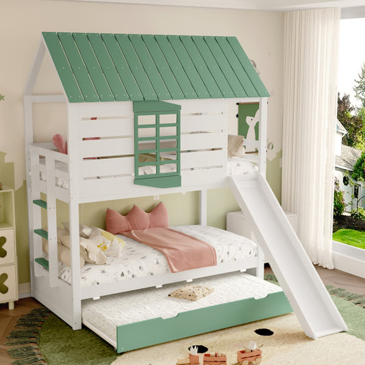 90X200 Haus-Etagenbett mit Rutsche und Ausziehbett, Weiß+Grün