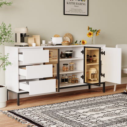 Sideboard Weiß 160 cm, Buffetschrank mit 3 Schubladen & 2 Türen, Anrichte Küche, Kommode 80 cm Hoch