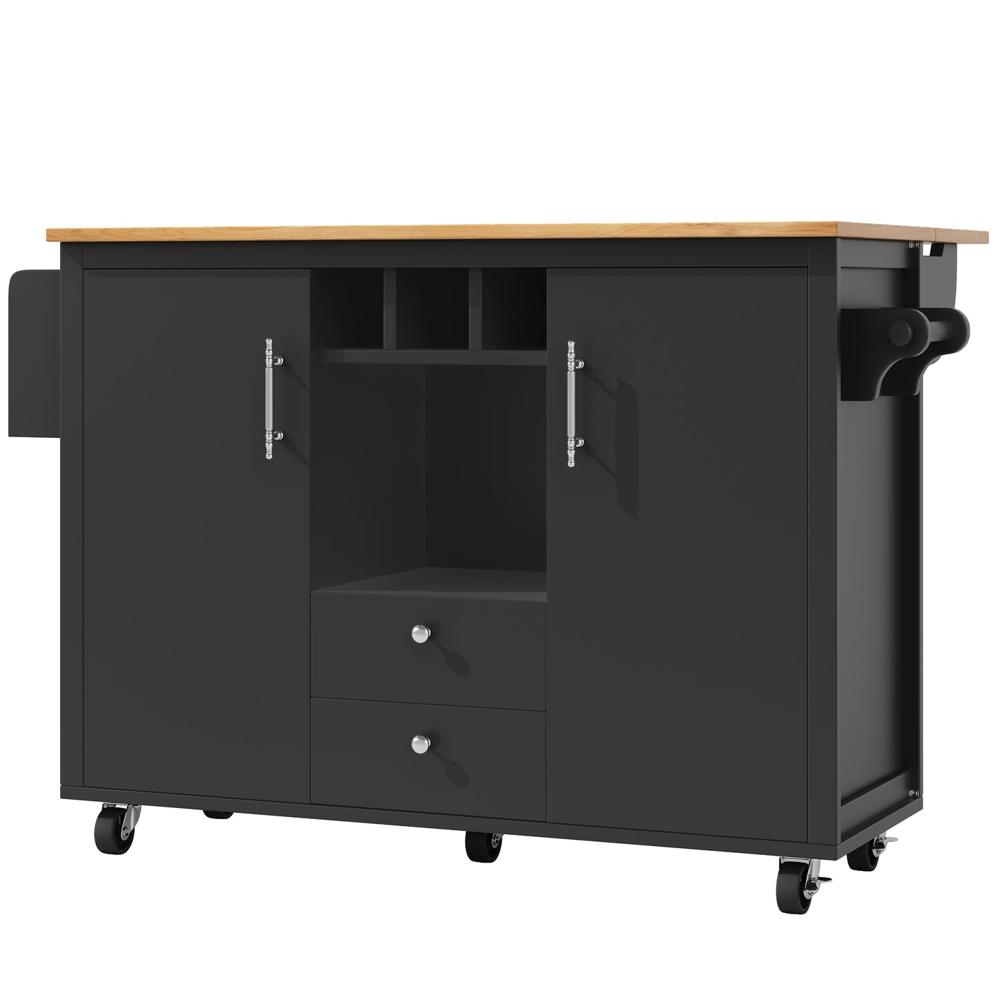 Kücheninsel Buffetschrank 120x73x92cm Küchenwagen klappbare Arbeitsplatte Handtuchhalter Gewürzregal Weinregal verstellbare Böden Küchenschrank Schwarz